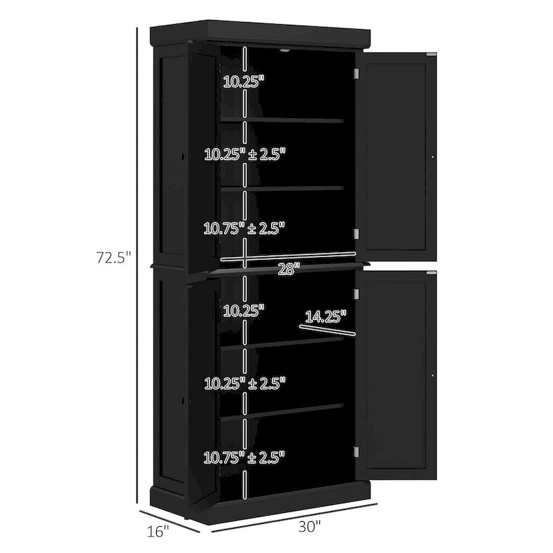 Meuble de rangement de cuisine 72,5 cm, armoire de cuisine autoportante avec 4 portes et étagères réglables pour salle à manger, MDF