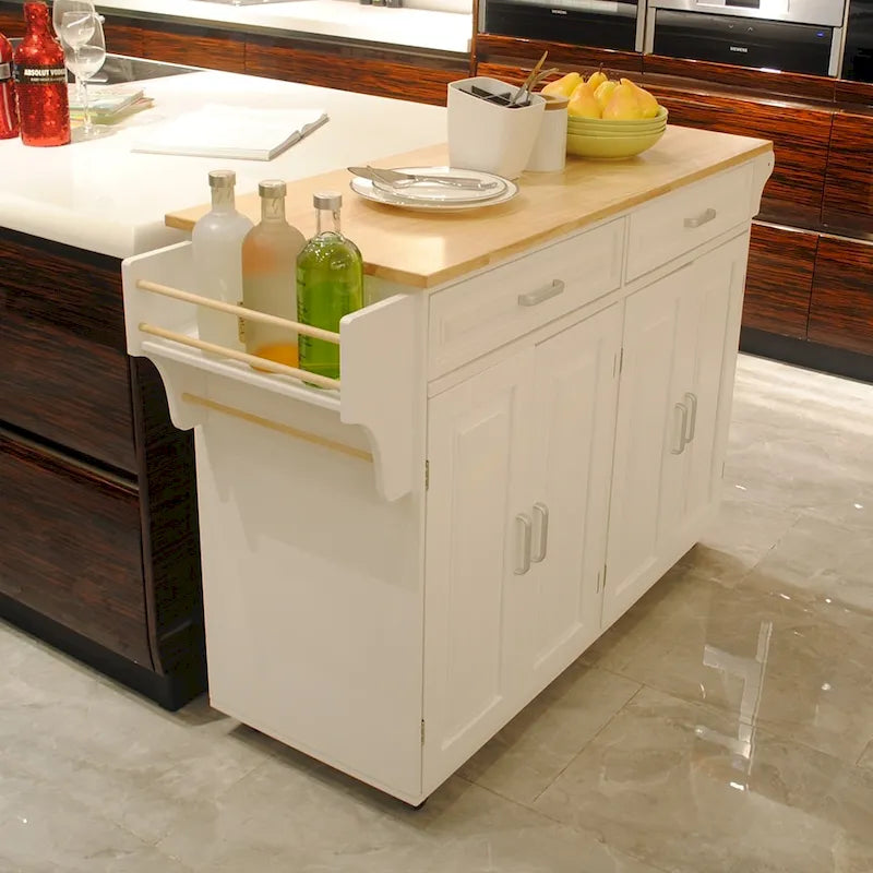 Îlot de cuisine et desserte, plateau en bois d'hévéa, grande étagère réglable à l'intérieur du placard pour différents ustensiles.