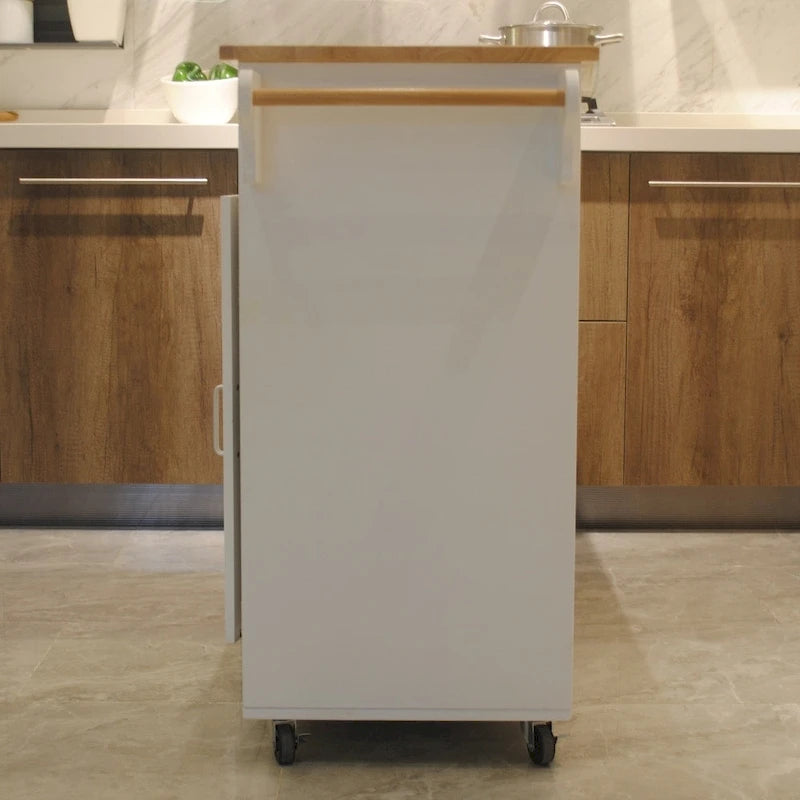 Îlot de cuisine et desserte, plateau en bois d'hévéa, grande étagère réglable à l'intérieur du placard pour différents ustensiles.