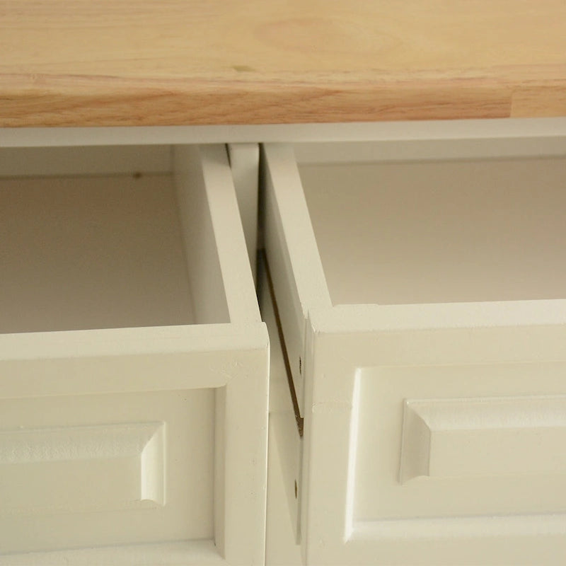 Îlot de cuisine et desserte, plateau en bois d'hévéa, grande étagère réglable à l'intérieur du placard pour différents ustensiles.