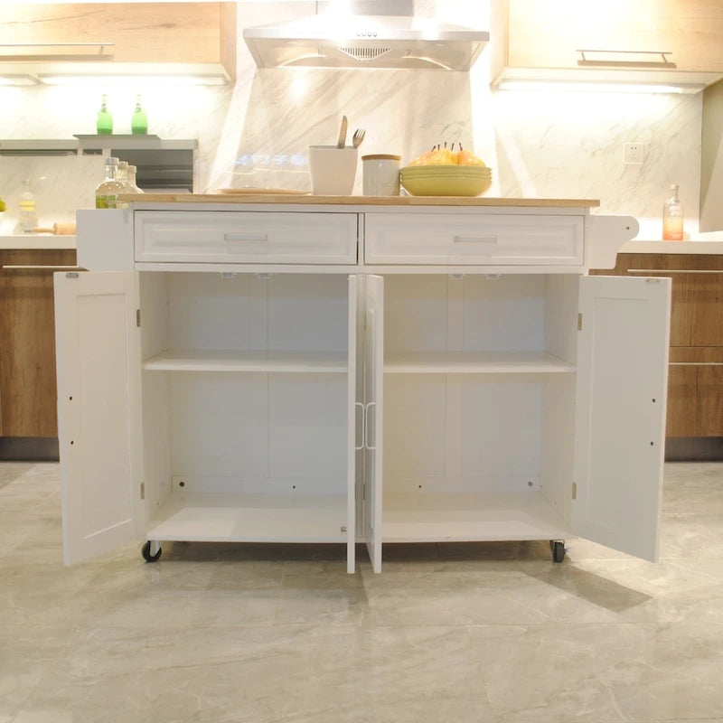 Îlot de cuisine et desserte, plateau en bois d'hévéa, grande étagère réglable à l'intérieur du placard pour différents ustensiles.