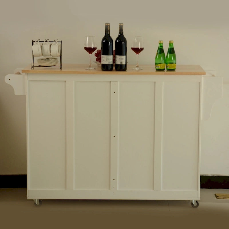Îlot de cuisine et desserte, plateau en bois d'hévéa, grande étagère réglable à l'intérieur du placard pour différents ustensiles.