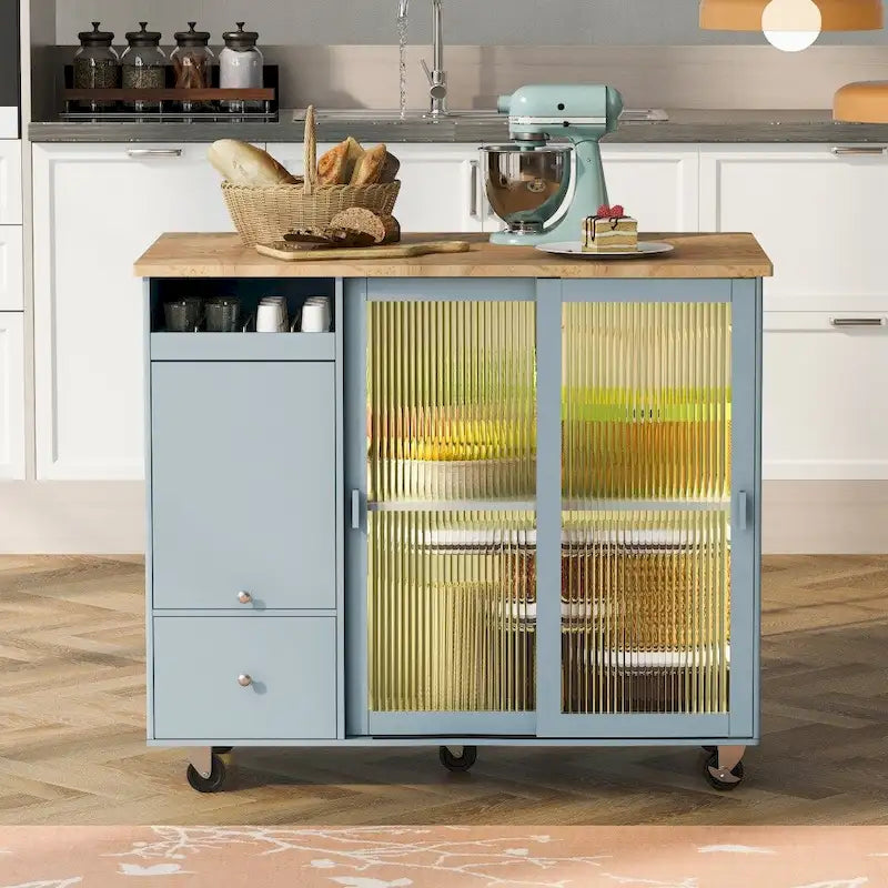 Îlot de cuisine en bois avec éclairage LED, portes coulissantes en verre et portes rabattables