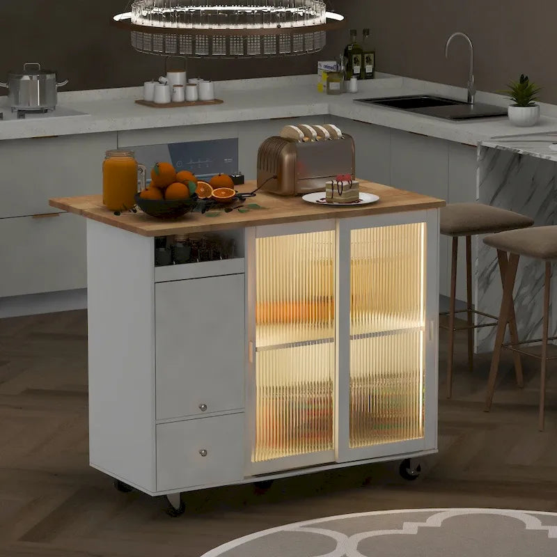 Îlot de cuisine en bois avec éclairage LED, portes coulissantes en verre et portes rabattables