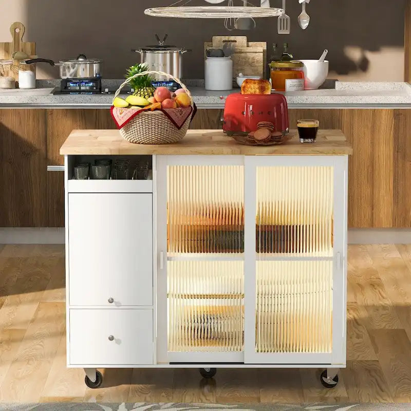 Îlot de cuisine en bois avec éclairage LED, portes coulissantes en verre et portes rabattables