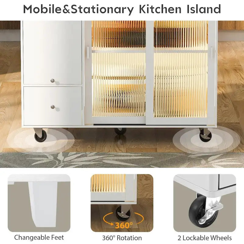 Îlot de cuisine en bois avec éclairage LED, portes coulissantes en verre et portes rabattables