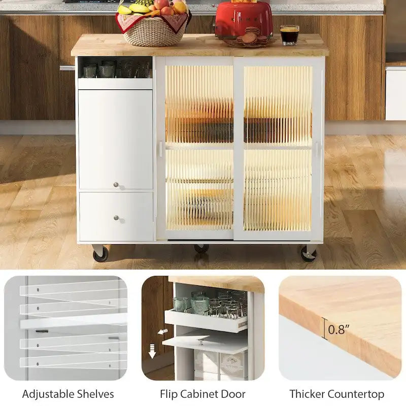 Îlot de cuisine en bois avec éclairage LED, portes coulissantes en verre et portes rabattables