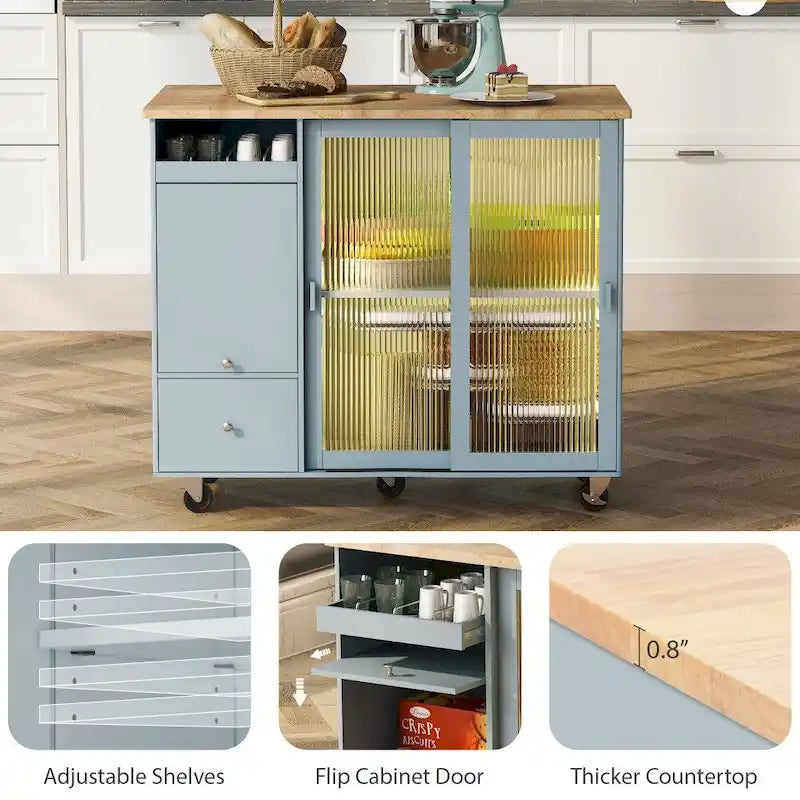 Îlot de cuisine en bois avec éclairage LED, portes coulissantes en verre et portes rabattables