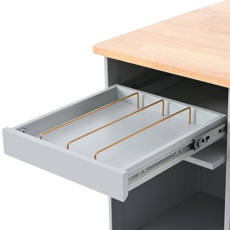 Îlot de cuisine en bois avec éclairage LED, portes coulissantes en verre et portes rabattables