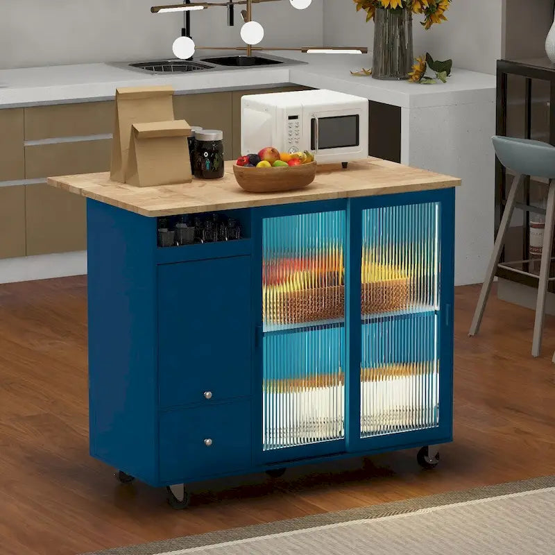 Îlot de cuisine en bois avec éclairage LED, portes coulissantes en verre et portes rabattables