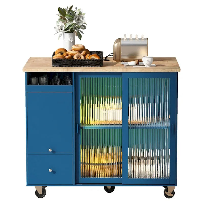 Îlot de cuisine en bois avec éclairage LED, portes coulissantes en verre et portes rabattables
