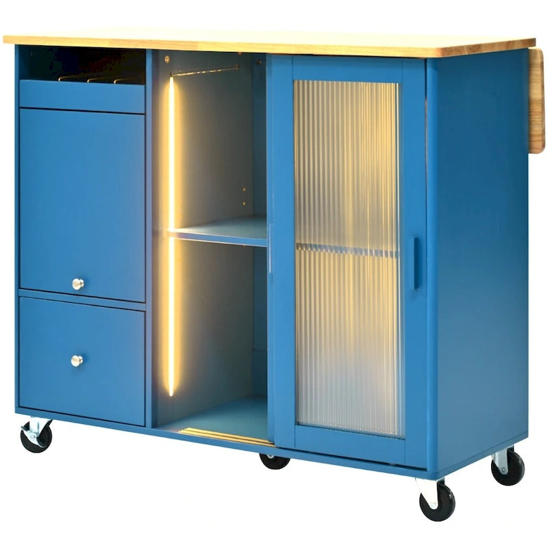 Îlot de cuisine en bois avec éclairage LED, portes coulissantes en verre et portes rabattables