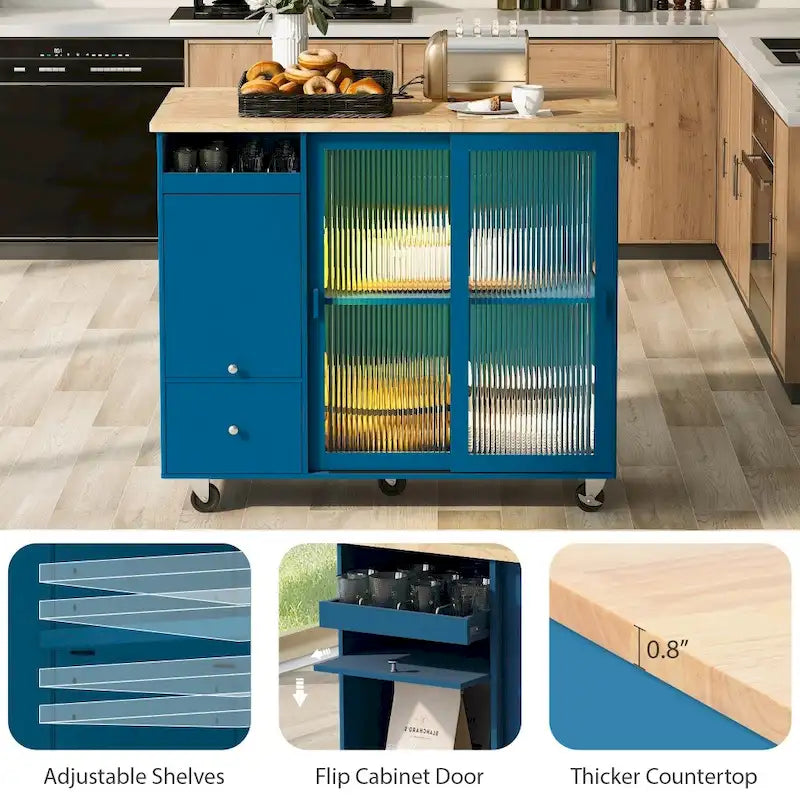 Îlot de cuisine en bois avec éclairage LED, portes coulissantes en verre et portes rabattables