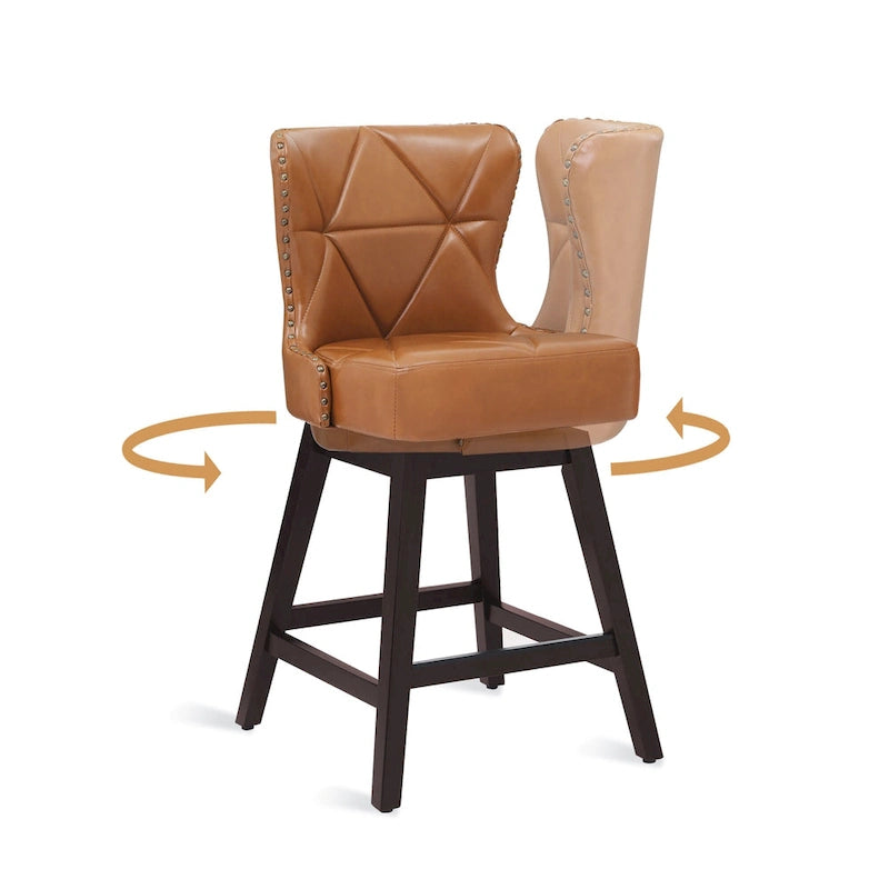 Tabourets de bar pivotants LUE BONA 66 cm (26 po) style moderne du milieu du siècle, en similicuir et lin, avec structure en bois, ensemble de 3