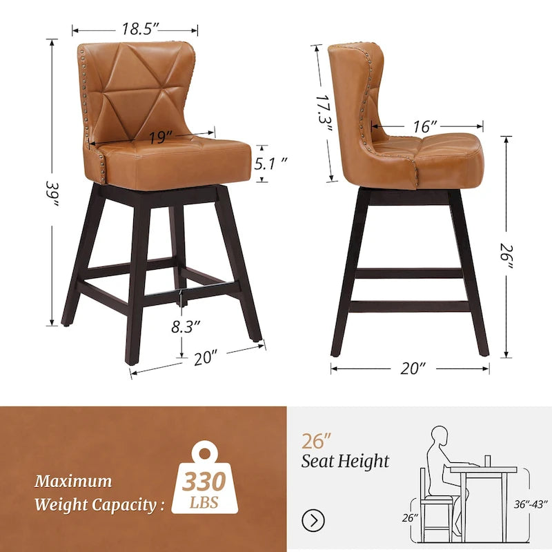 Tabourets de bar pivotants LUE BONA 66 cm (26 po) style moderne du milieu du siècle, en similicuir et lin, avec structure en bois, ensemble de 3
