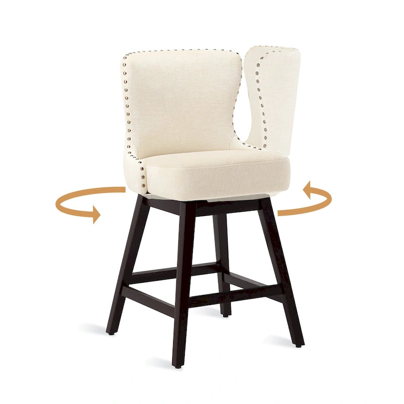 Tabourets de bar pivotants LUE BONA 66 cm (26 po) style moderne du milieu du siècle, en similicuir et lin, avec structure en bois, ensemble de 3