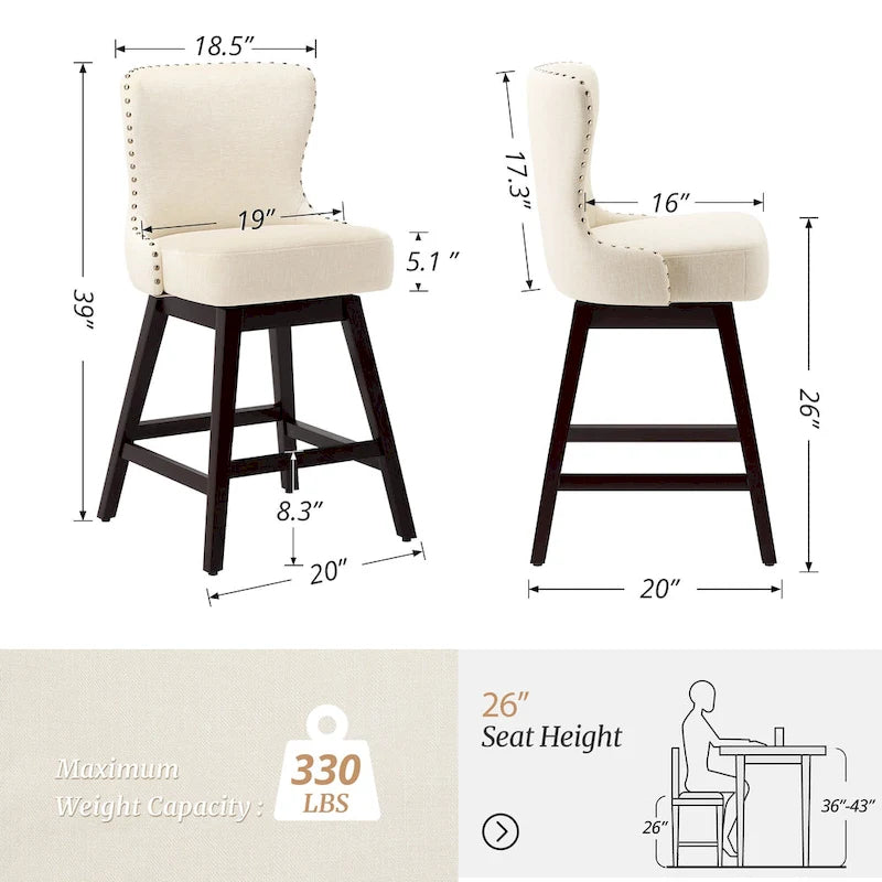Tabourets de bar pivotants LUE BONA 66 cm (26 po) style moderne du milieu du siècle, en similicuir et lin, avec structure en bois, ensemble de 3