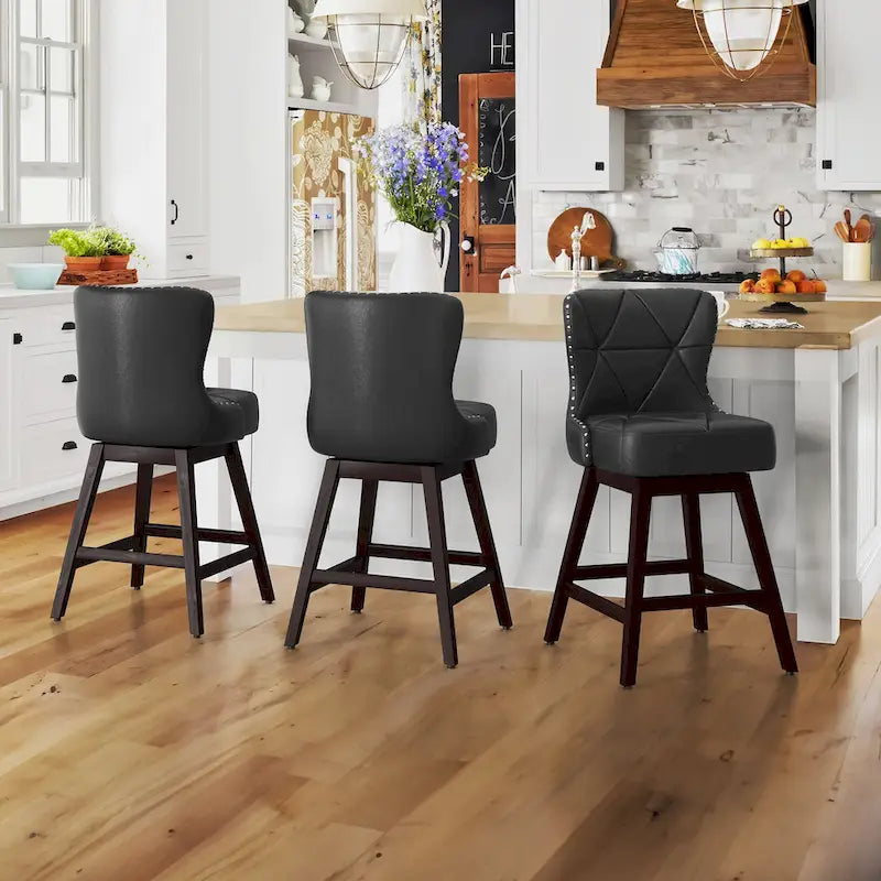 Tabourets de bar pivotants LUE BONA 66 cm (26 po) style moderne du milieu du siècle, en similicuir et lin, avec structure en bois, ensemble de 3