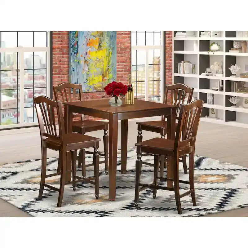 Ensemble de comptoir 5 pièces East West Furniture - une table carrée et 4 chaises, acajou (type d'assise au choix)