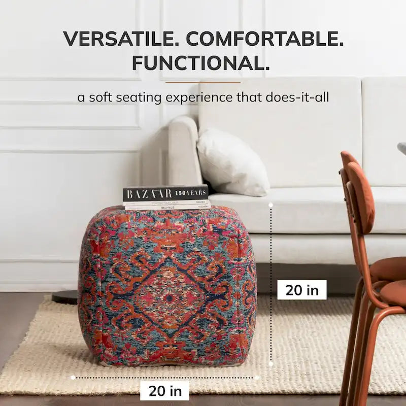Pouf ottoman carré multicolore rouge Jani Tofino 50 cm - Repose-pieds fait main pour salon, chambre d'enfant