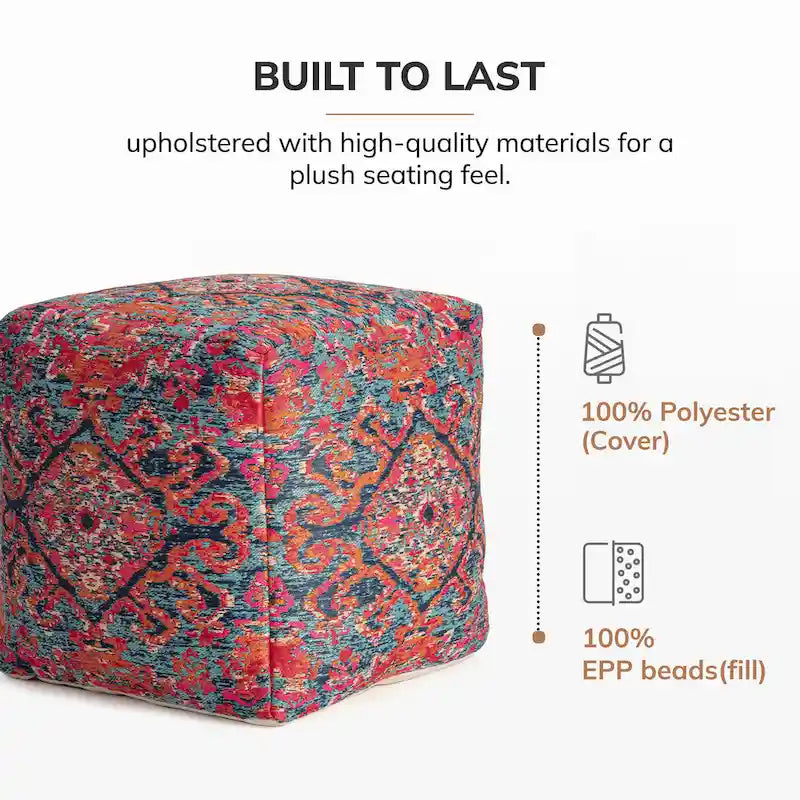 Pouf ottoman carré multicolore rouge Jani Tofino 50 cm - Repose-pieds fait main pour salon, chambre d'enfant