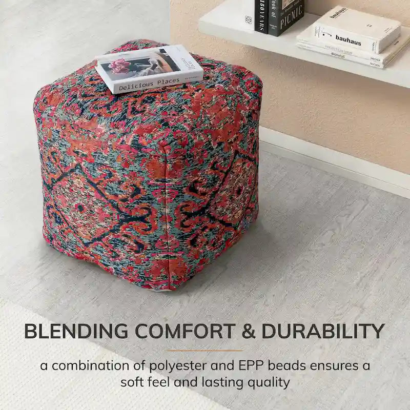 Pouf ottoman carré multicolore rouge Jani Tofino 50 cm - Repose-pieds fait main pour salon, chambre d'enfant