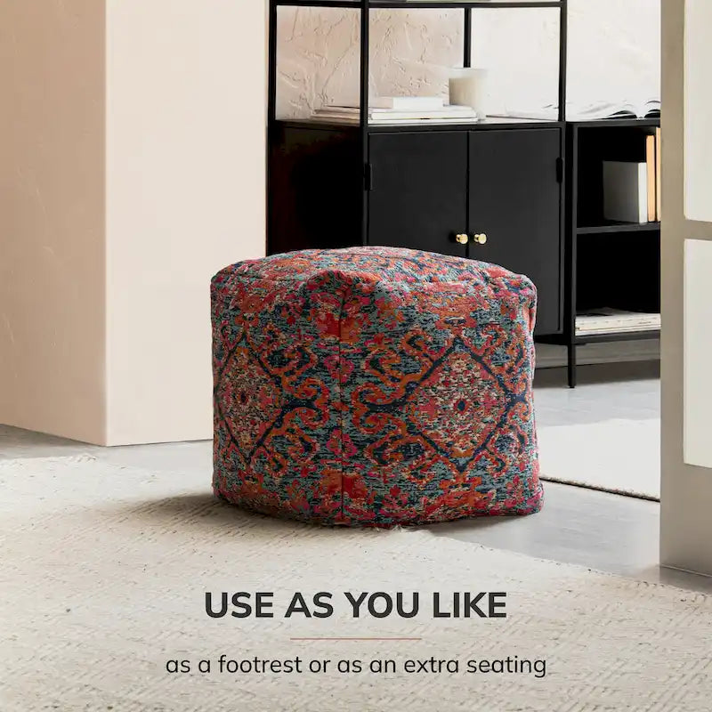 Pouf ottoman carré multicolore rouge Jani Tofino 50 cm - Repose-pieds fait main pour salon, chambre d'enfant