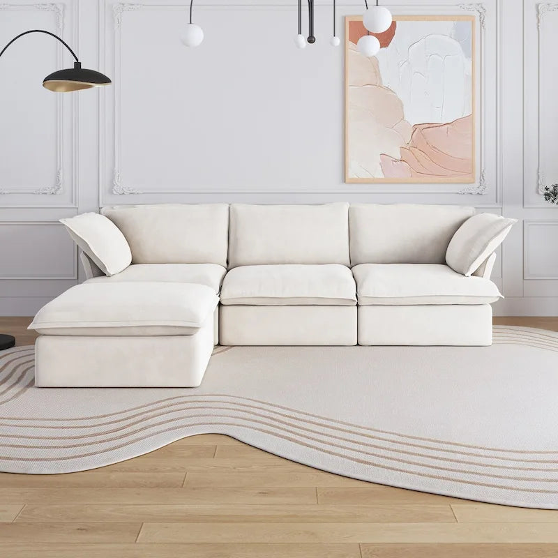 Grand canapé d'angle en L 4 pièces, canapés modernes recouverts de lin