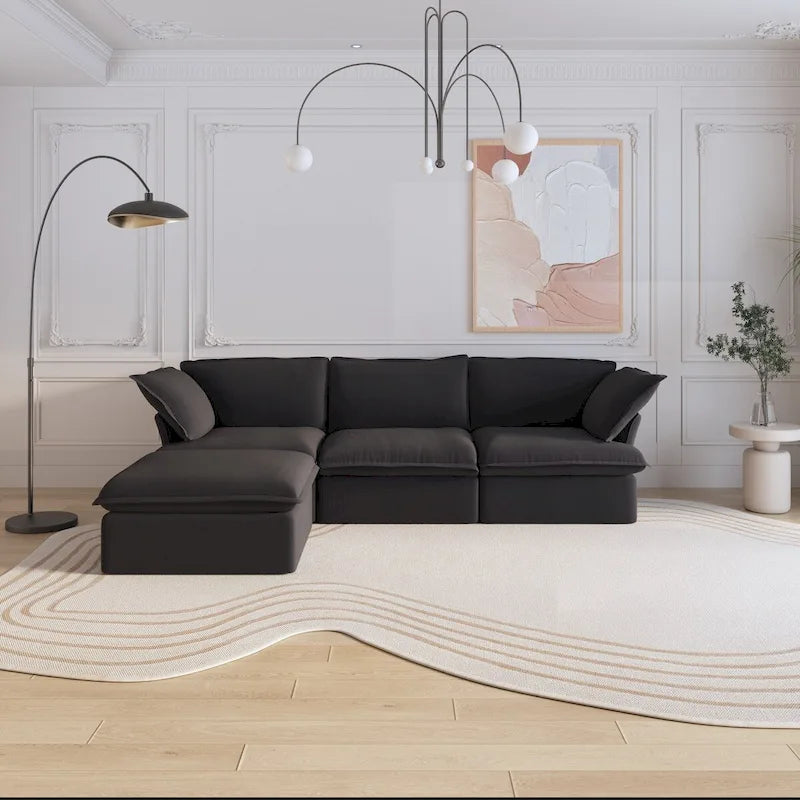 Grand canapé d'angle en L 4 pièces, canapés modernes recouverts de lin