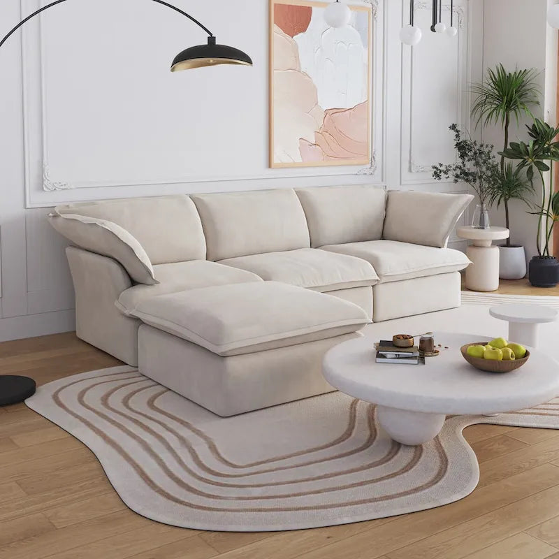 Grand canapé d'angle en L 4 pièces, canapés modernes recouverts de lin