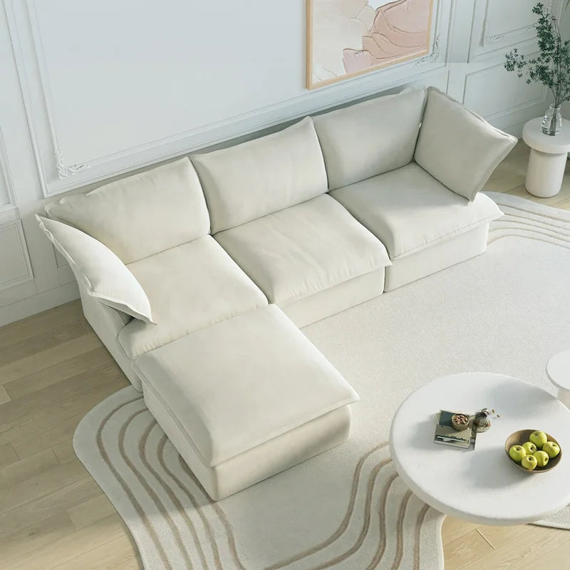 Grand canapé d'angle en L 4 pièces, canapés modernes recouverts de lin