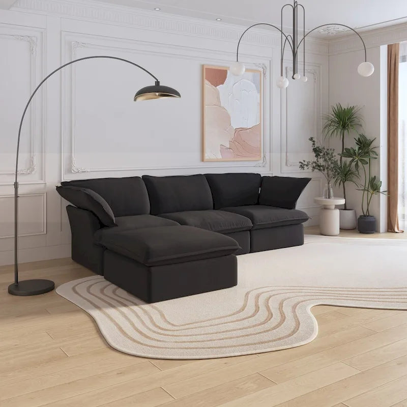 Grand canapé d'angle en L 4 pièces, canapés modernes recouverts de lin