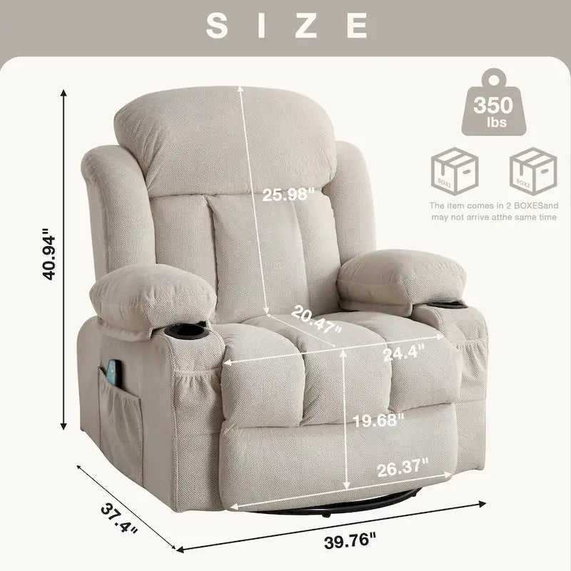 Fauteuil inclinable manuel chauffant et massant en velours à pois avec base pivotante à 360°