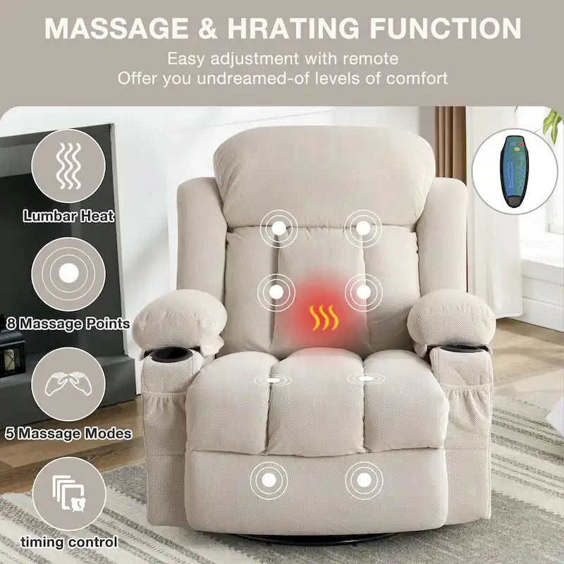 Fauteuil inclinable manuel chauffant et massant en velours à pois avec base pivotante à 360°