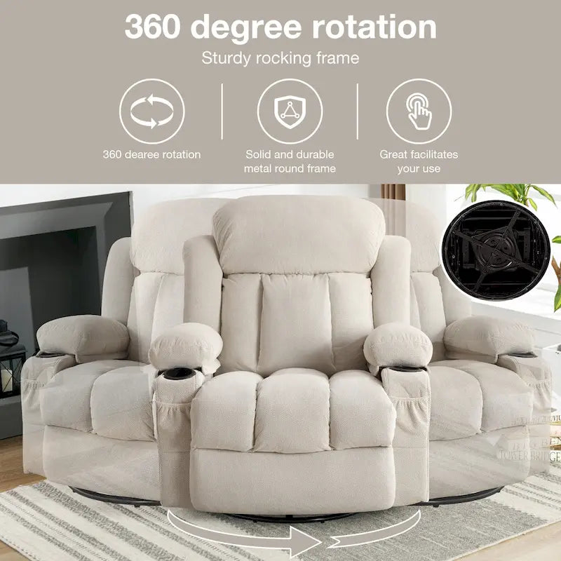 Fauteuil inclinable manuel chauffant et massant en velours à pois avec base pivotante à 360°