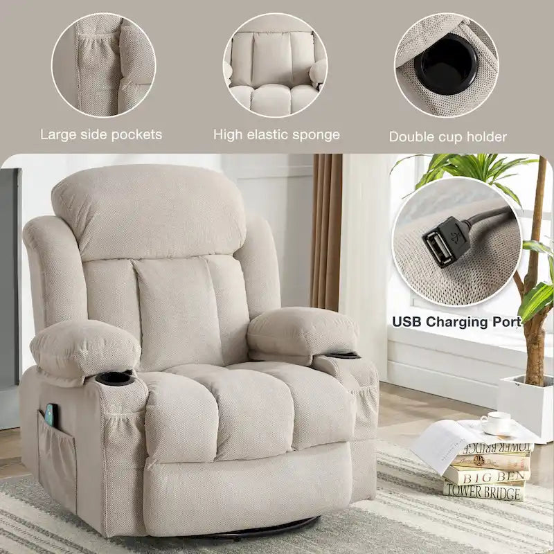 Fauteuil inclinable manuel chauffant et massant en velours à pois avec base pivotante à 360°