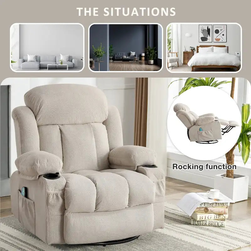 Fauteuil inclinable manuel chauffant et massant en velours à pois avec base pivotante à 360°