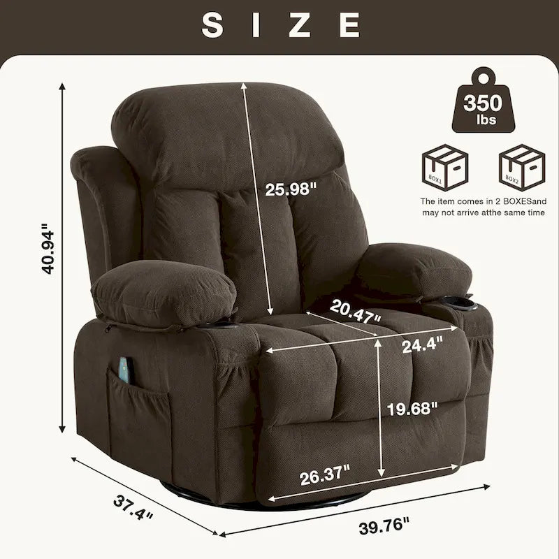 Fauteuil inclinable manuel chauffant et massant en velours à pois avec base pivotante à 360°