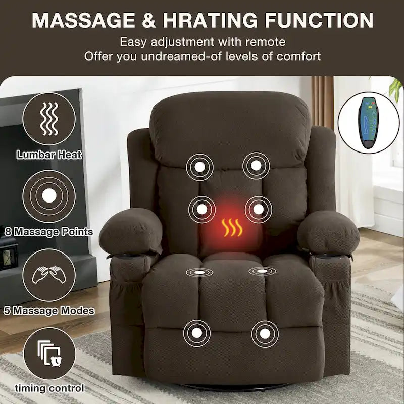 Fauteuil inclinable manuel chauffant et massant en velours à pois avec base pivotante à 360°