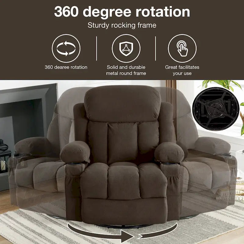 Fauteuil inclinable manuel chauffant et massant en velours à pois avec base pivotante à 360°