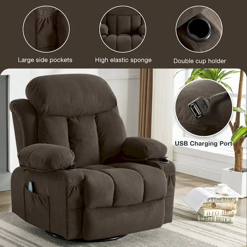 Fauteuil inclinable manuel chauffant et massant en velours à pois avec base pivotante à 360°