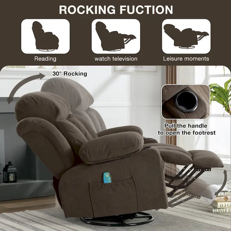 Fauteuil inclinable manuel chauffant et massant en velours à pois avec base pivotante à 360°