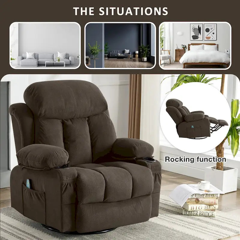 Fauteuil inclinable manuel chauffant et massant en velours à pois avec base pivotante à 360°