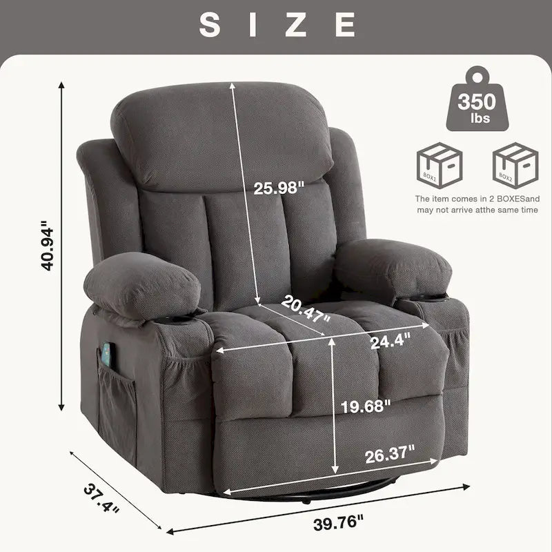 Fauteuil inclinable manuel chauffant et massant en velours à pois avec base pivotante à 360°