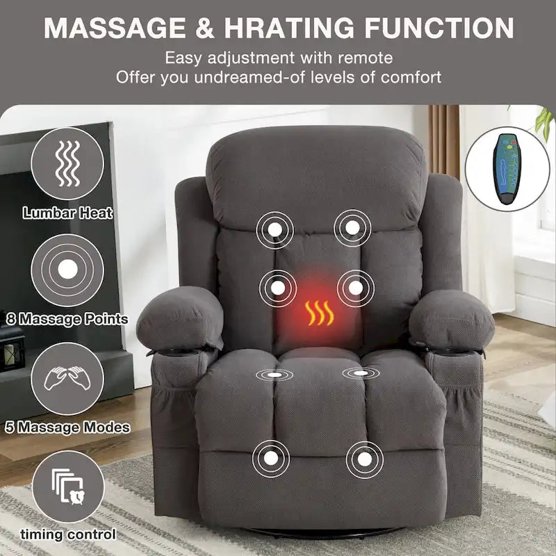 Fauteuil inclinable manuel chauffant et massant en velours à pois avec base pivotante à 360°