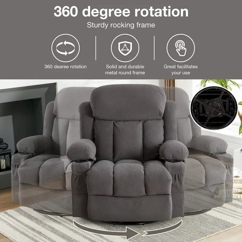 Fauteuil inclinable manuel chauffant et massant en velours à pois avec base pivotante à 360°