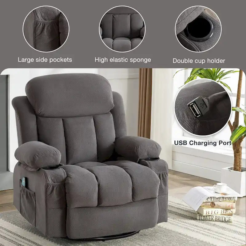 Fauteuil inclinable manuel chauffant et massant en velours à pois avec base pivotante à 360°