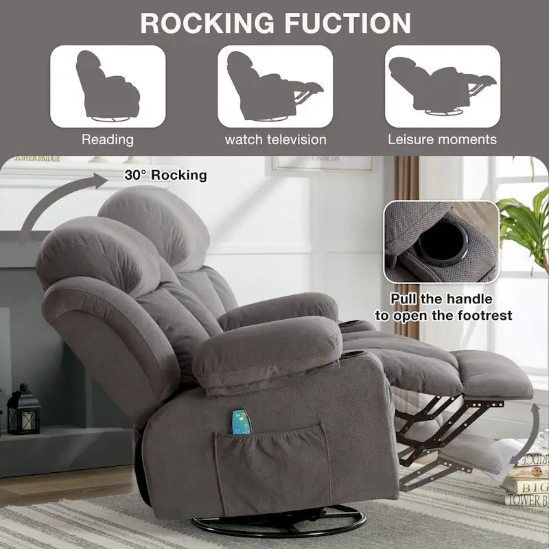 Fauteuil inclinable manuel chauffant et massant en velours à pois avec base pivotante à 360°