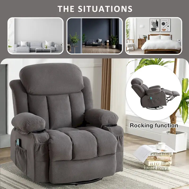 Fauteuil inclinable manuel chauffant et massant en velours à pois avec base pivotante à 360°
