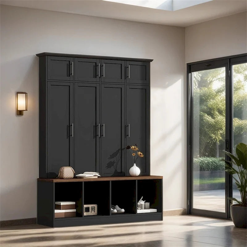 Porte-manteau multifonctionnel avec 4 crochets de suspension dissimulés, banc imitation bois